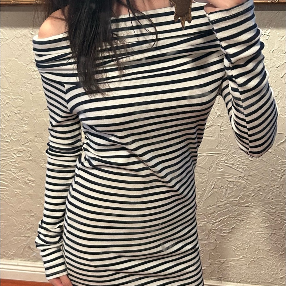 Zara Black and White Striped Off-shoulder Dress